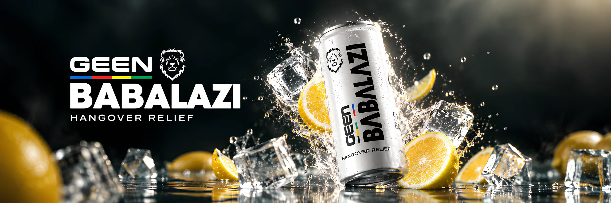 Geen Babalazi can on wet black stone with lemons and ice