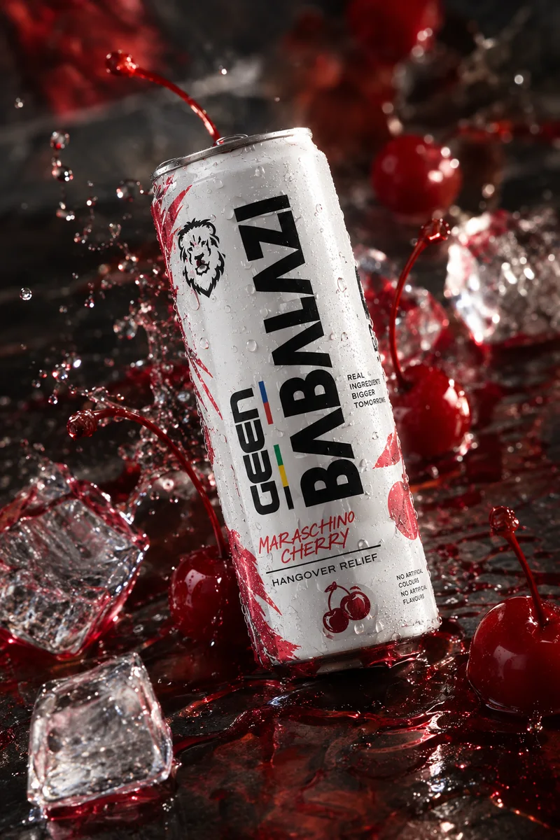 Geen Babalazi maraschino cherry can with cherries, ice and red splash