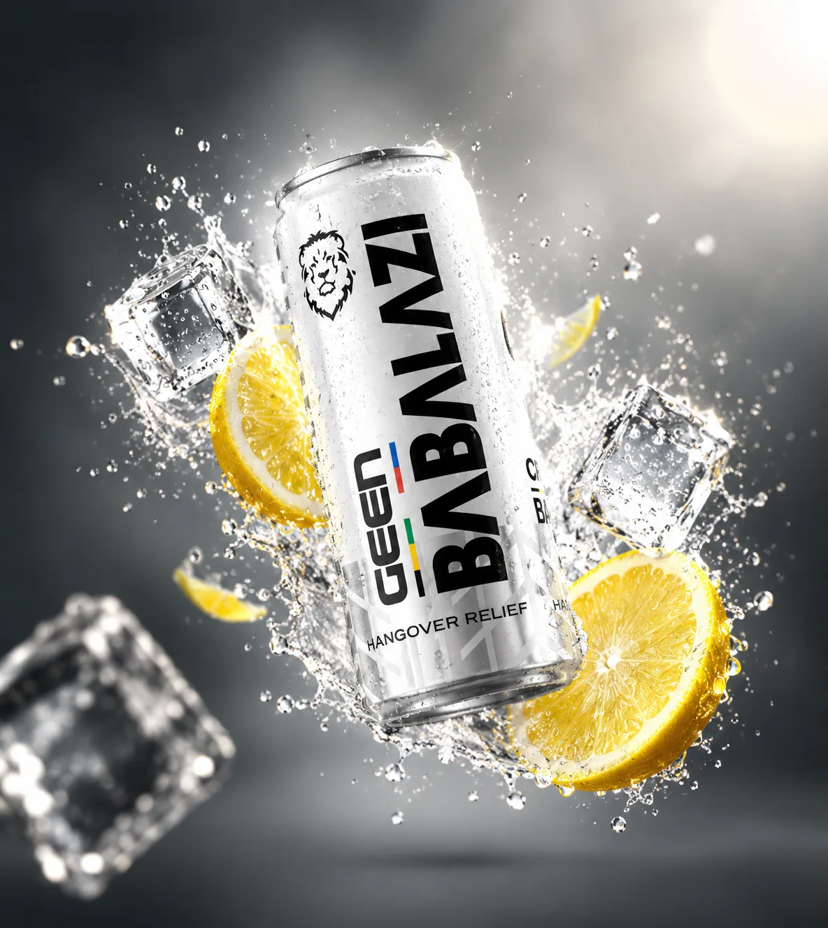Geen Babalazi lemon can splashing through water with lemon slices and ice
